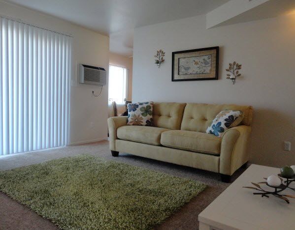 Alternate interior view of living room with green rug and sofa