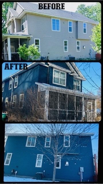 Before and after exterior of a house; blue siding replaces gray. Screened porch is visible.