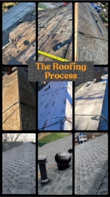 Roofing process: Stages of roof repair/replacement, from damaged to new shingles, showcasing various steps.