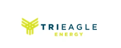 Logo for Triaegle Energy, with a yellow-green abstract shape and teal text.