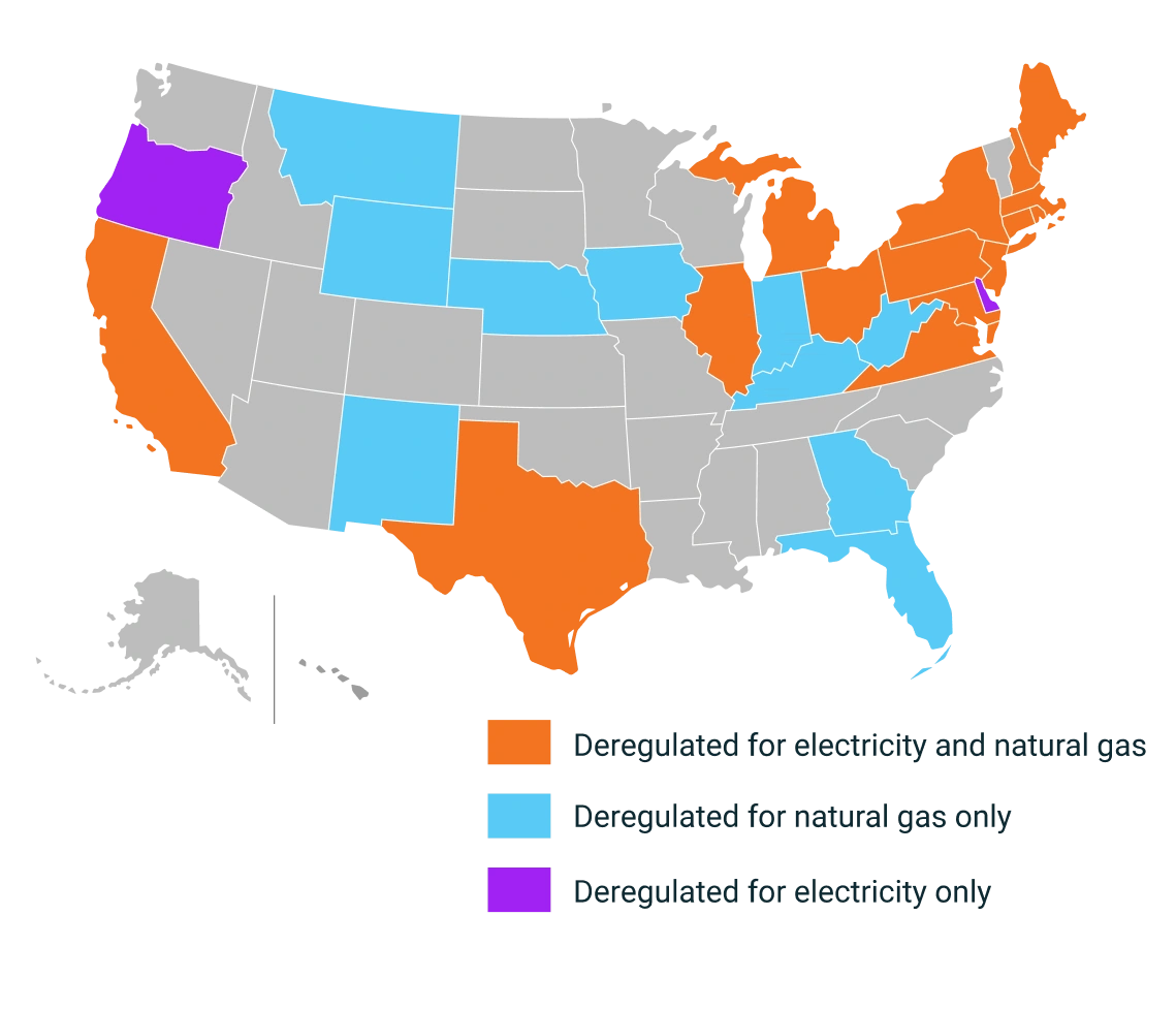 Map of the US showing electricity and natural gas deregulation status by state.