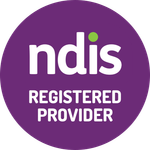 a purple circle with the word NDIS registered provider on it .