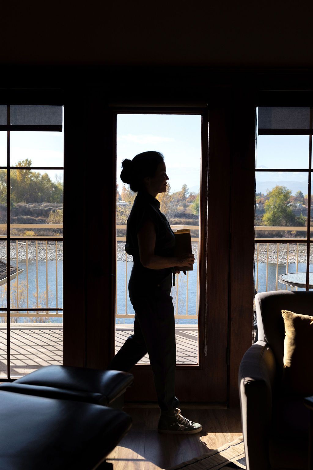 Silhouette of a person standing by a glass door, holding a book. Overlooks a body of water and distant landscape.