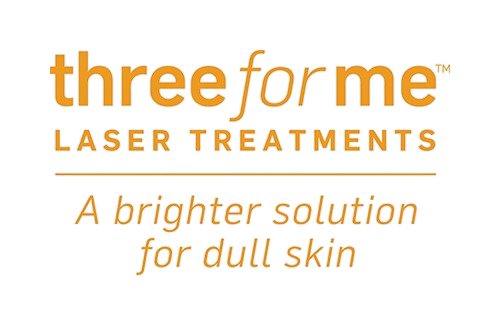 A logo for three for me laser treatments a brighter solution for dull skin