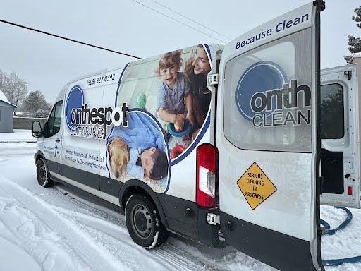 On the Spot Cleaning van parked in the snow for muddy carpets needing cleaning