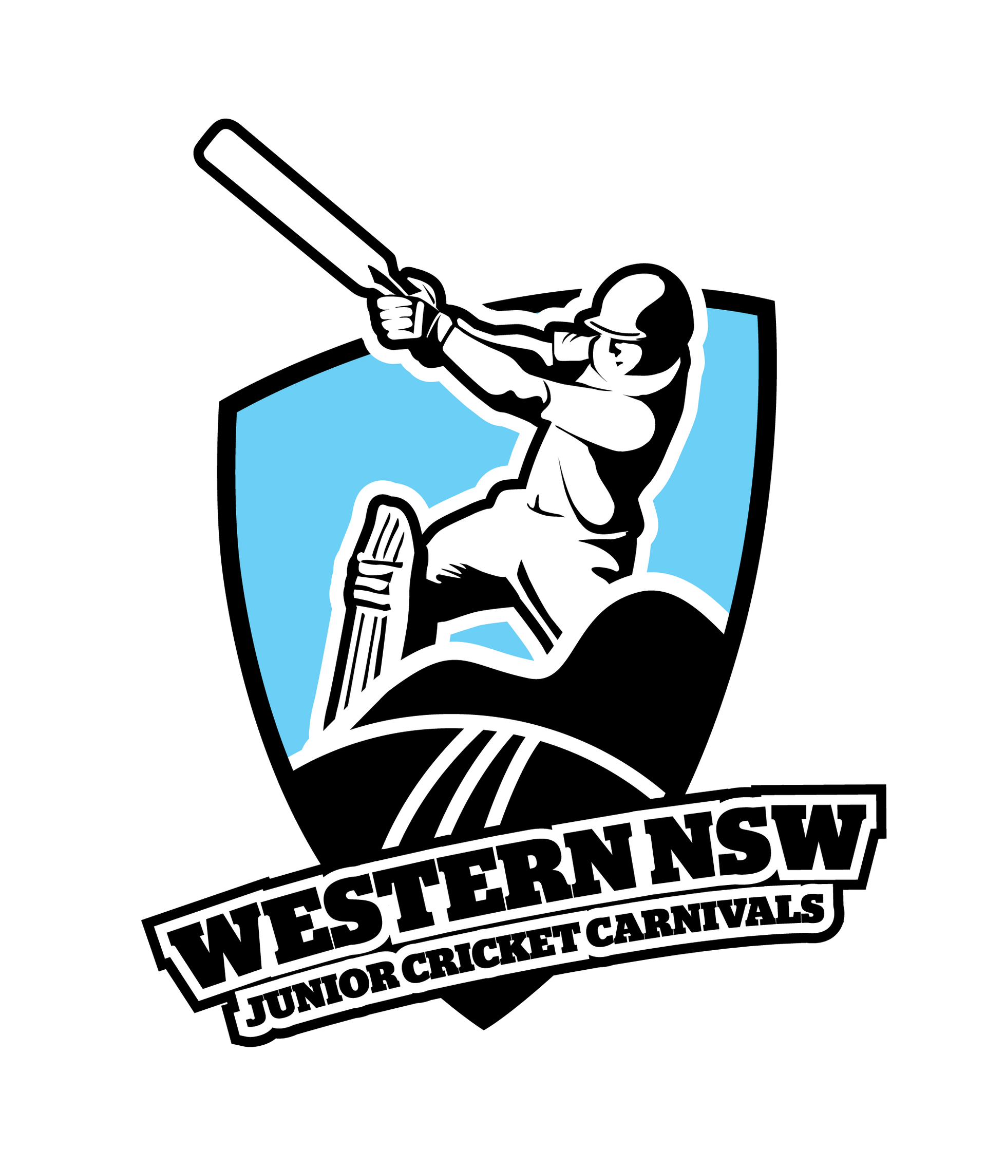 Western NSW Junior Cricket Carnivals logo with a batsman swinging a bat over a blue shield