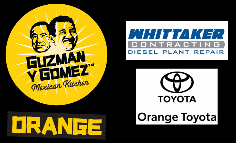 Logo collage for Guzman Y Gomez, Orange, Whitaker Contracting, and Orange Toyota on a black background