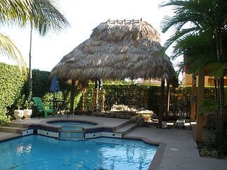 A large swimming pool with a thatched roof