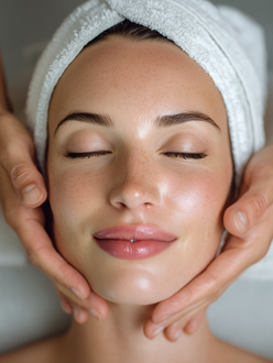 Woman with eyes closed, face being massaged, white towel on head, rosy cheeks, close-up shot.
