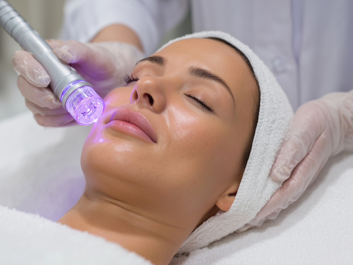 Woman receiving facial treatment with a light device in a spa setting.