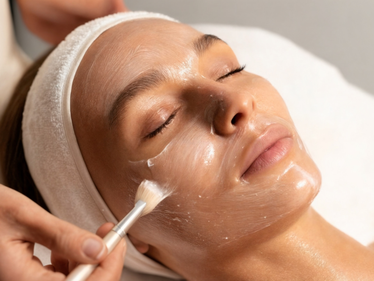 Person with closed eyes receiving facial treatment, cream being applied to face with brush.