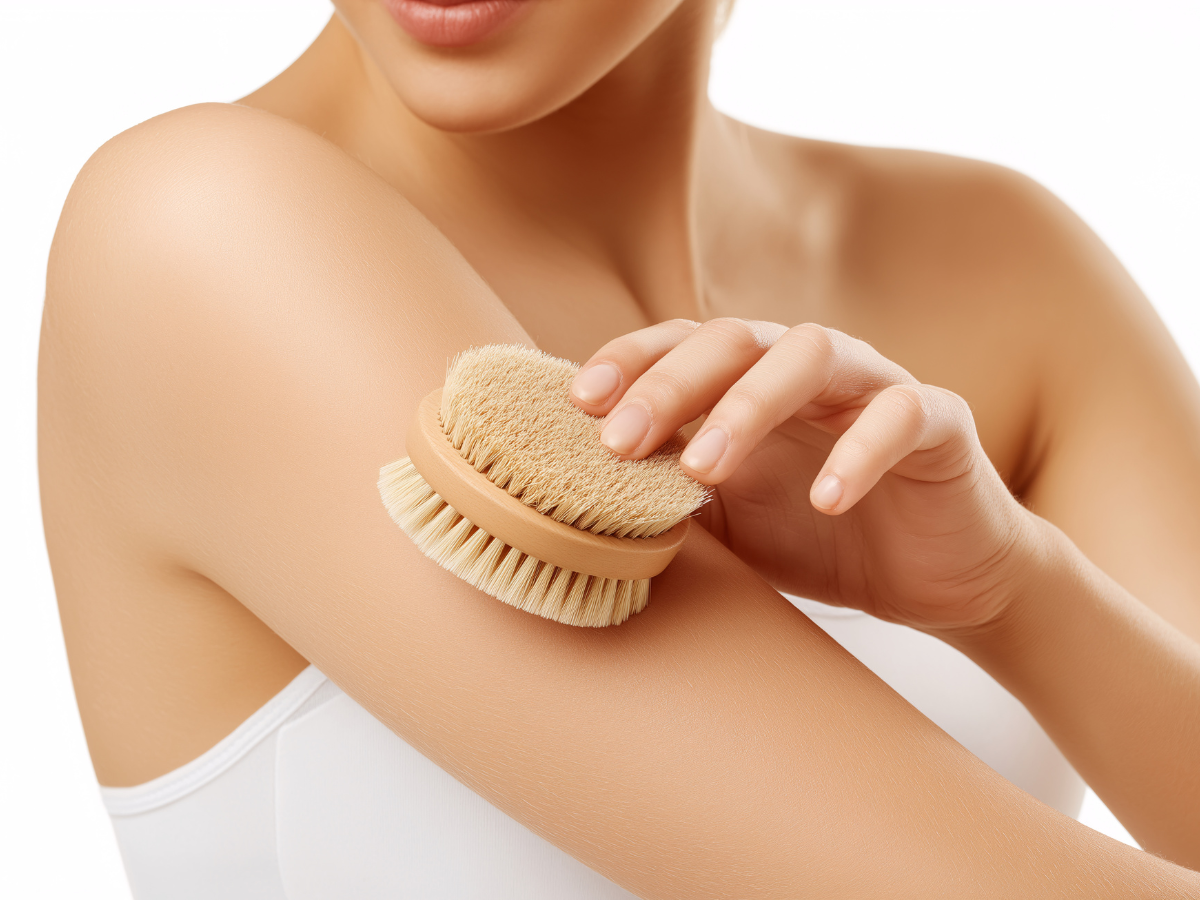 Woman using a dry brush on her arm against a white background.