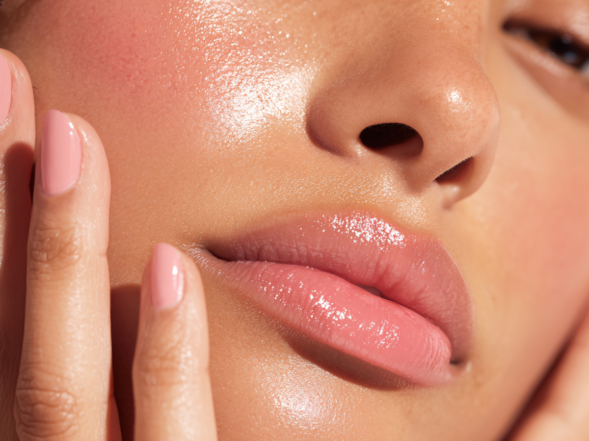 Close-up of person's face with glossy lips, cheeks, and skin; hand touches cheek. Pink nail polish.