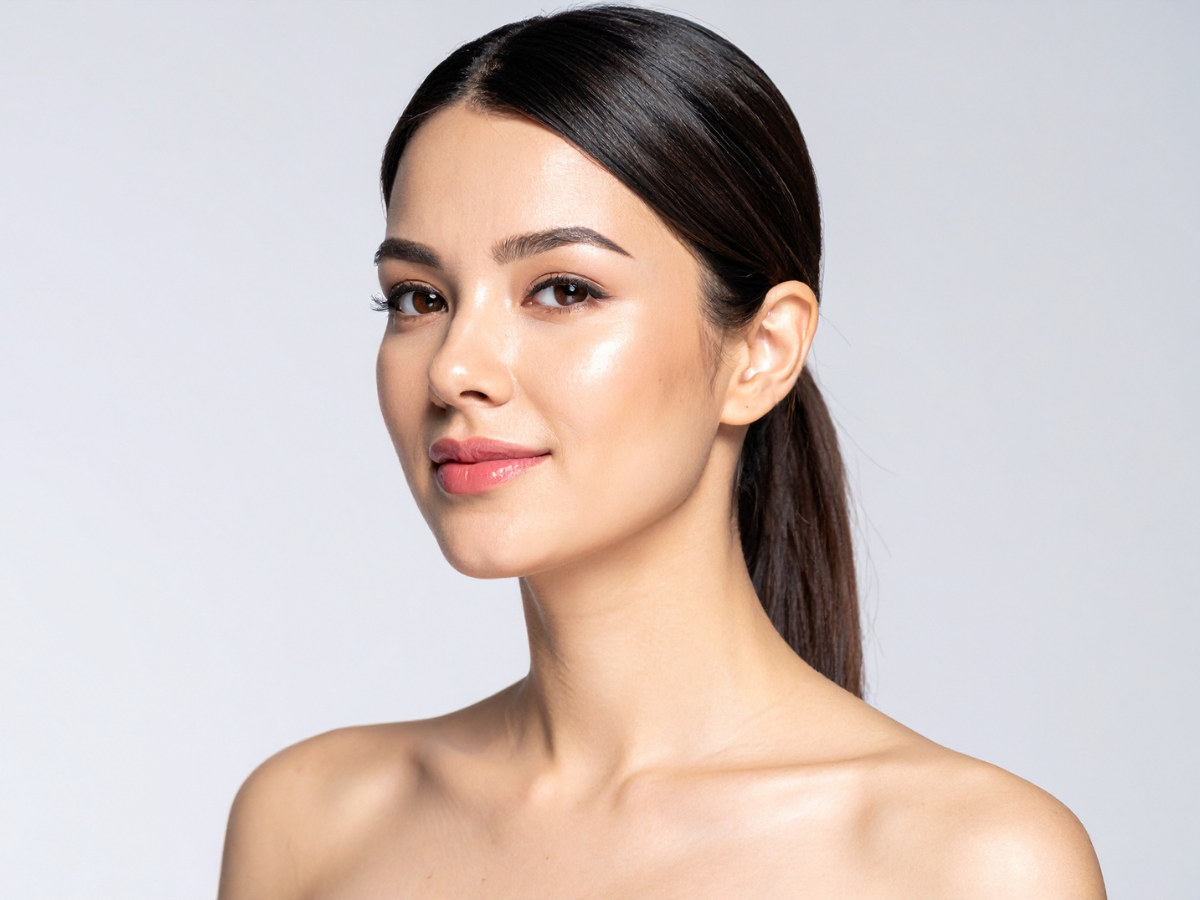 Woman with dark hair pulled back, radiant skin, smiling.