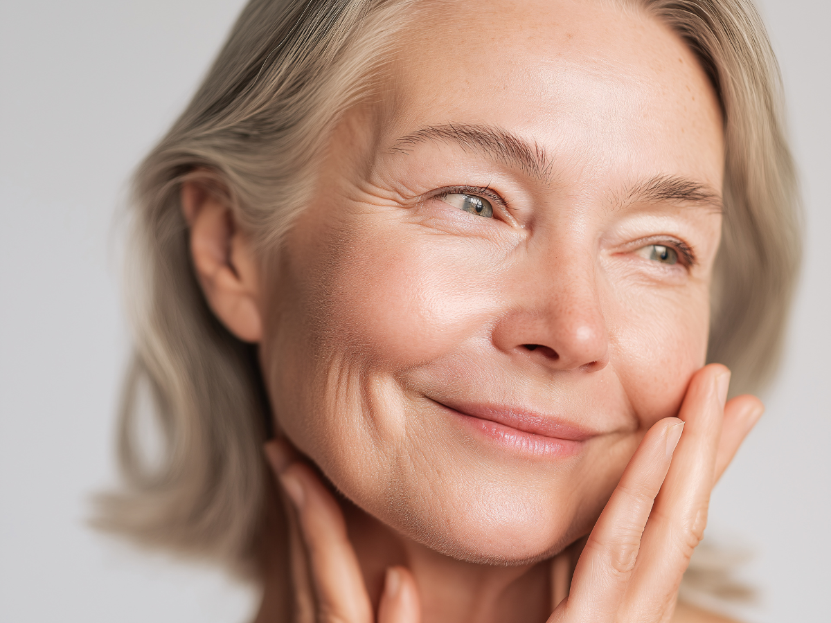Woman with gray hair smiles, touching her face, soft lighting.