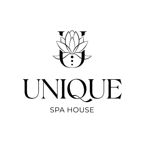 Logo for Unique Spa House with black floral icon and elegant serif text on white background