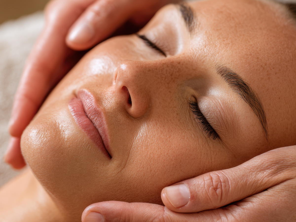Person receiving facial massage; hands gently cradling face. Eyes closed, relaxed expression.