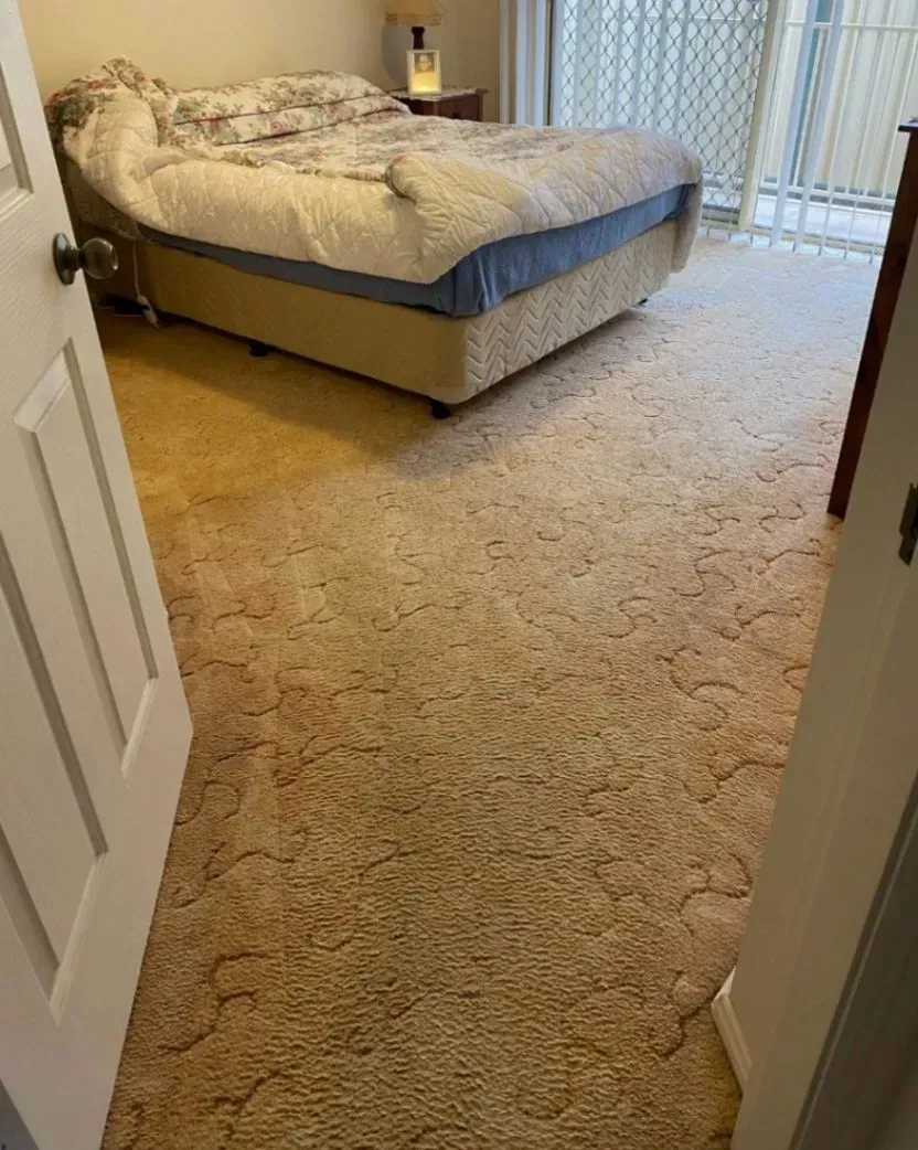 Bedroom with Gold Patterned Carpet — Clean Coast Carpet Cleaning in Port Stephens, NSW