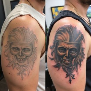 Before and after of a shoulder tattoo. A gray skull design has a new, darker, detailed version on the right.