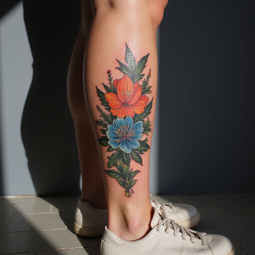 Tattoo of orange and blue flowers with green leaves on a person's leg.