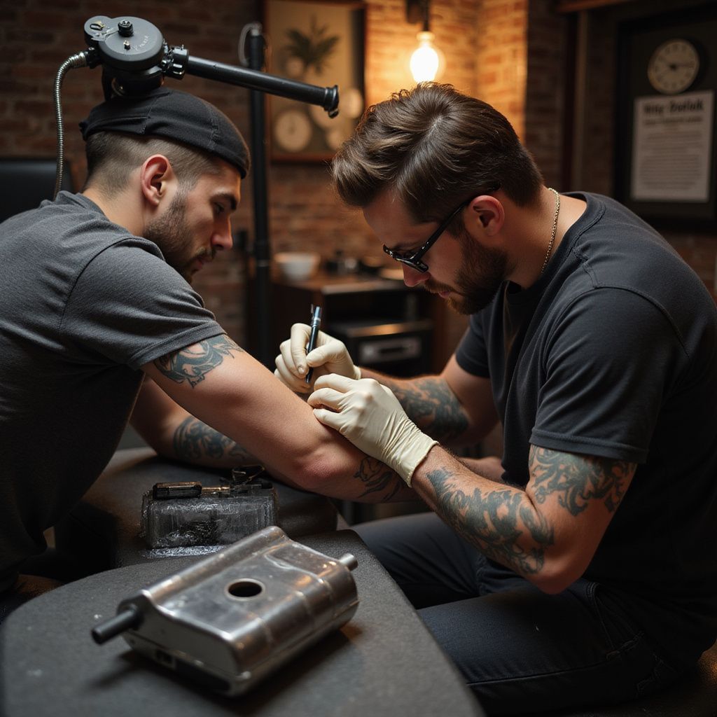 Man getting a tattoo on his arm by a tattoo artist wearing gloves in a tattoo studio.