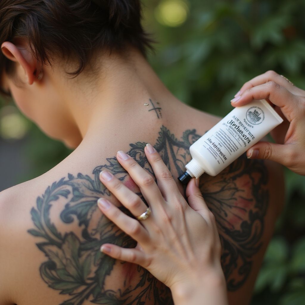 A person's back tattooed with a floral design, being treated with a white ointment tube, in a green setting.