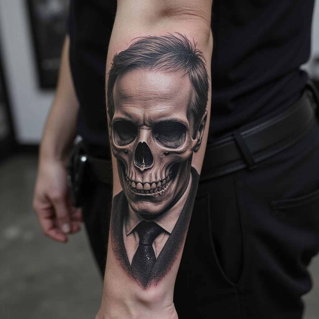 A black and grey forearm tattoo of a skull wearing a suit.