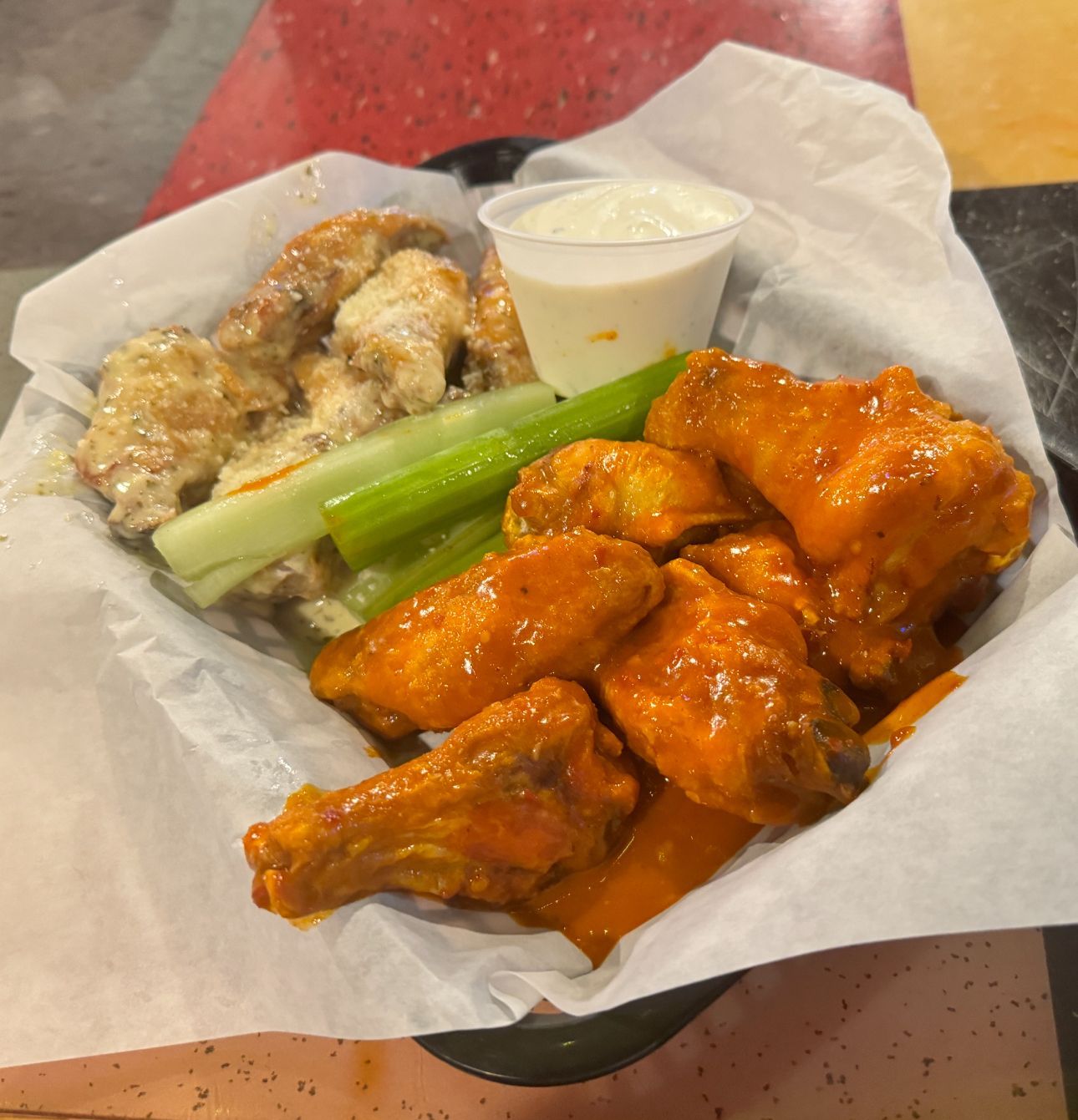 Hot wings basket at Swanky's Sports Bar in Denver, Colorado