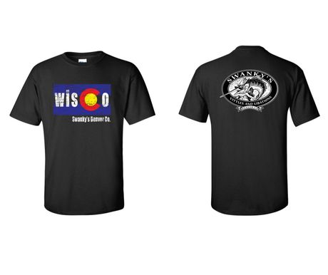 The front and back of a black t-shirt with wisconsin on it