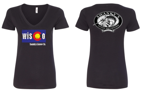 The front and back of a black t-shirt with the word wisconsin on it