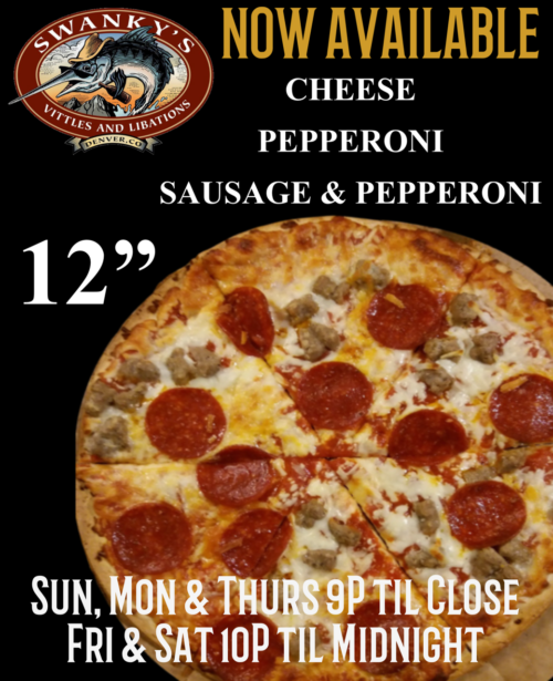 An advertisement for swanky 's pizza that is now available