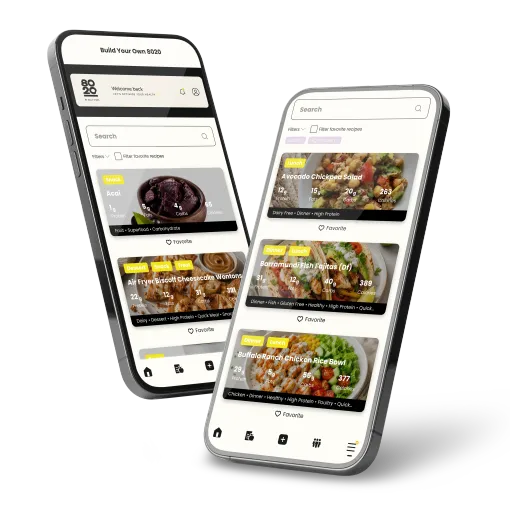 Mobile food-ordering app screens with green accents and plated dishes on overlapping phone mockups