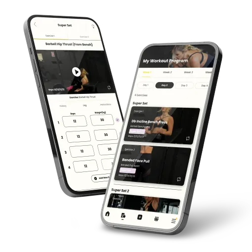 Three smartphone screens showing a green fitness app interface and workout/video dashboard