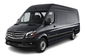 A black mercedes sprinter van is shown on a white background.