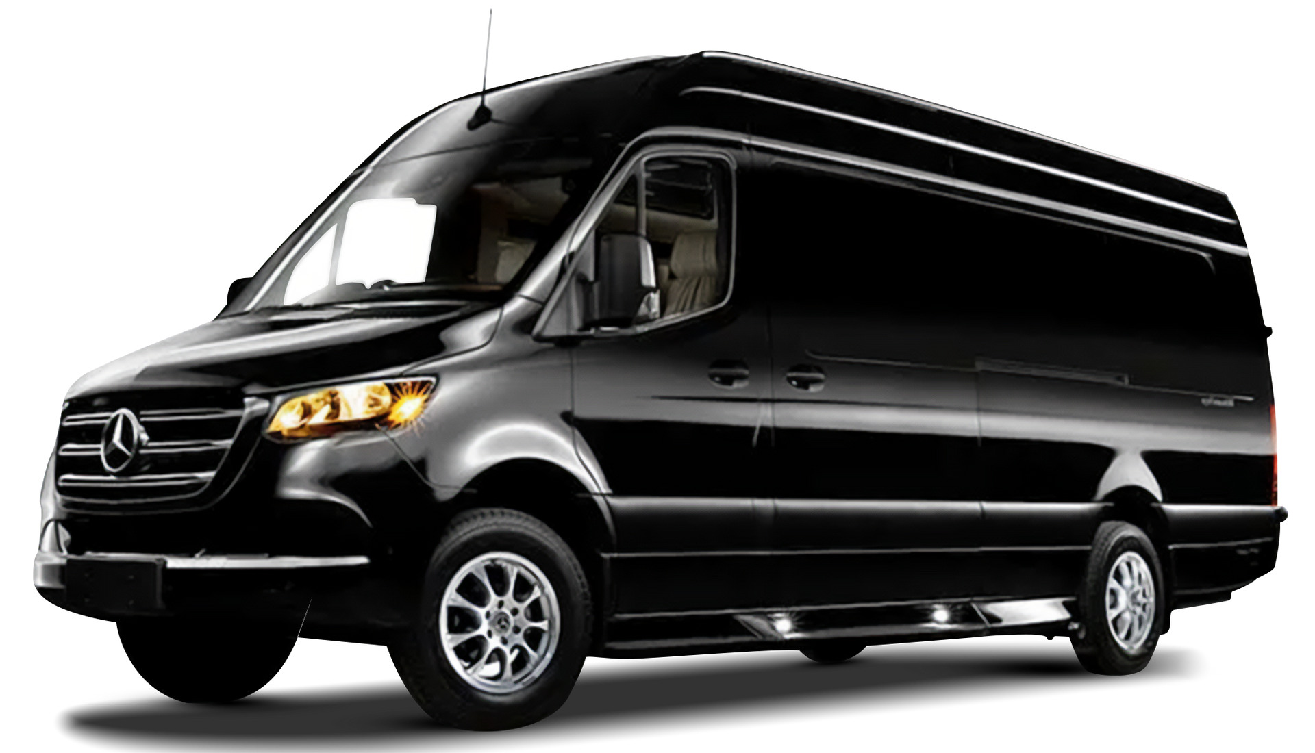 A black van is parked on a white background.