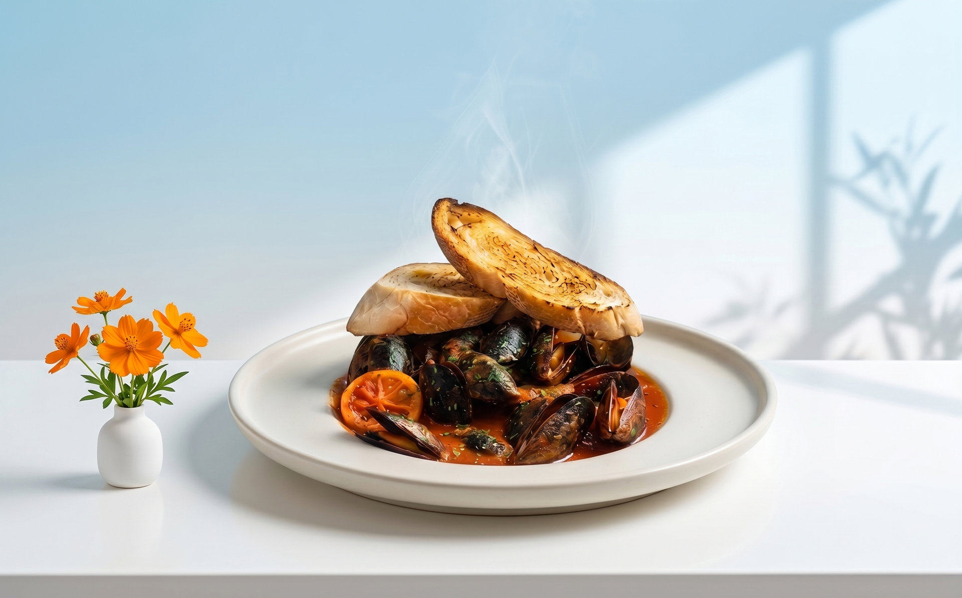 Gourmet plated fish with toasted bread and vegetables on a dark rustic surface