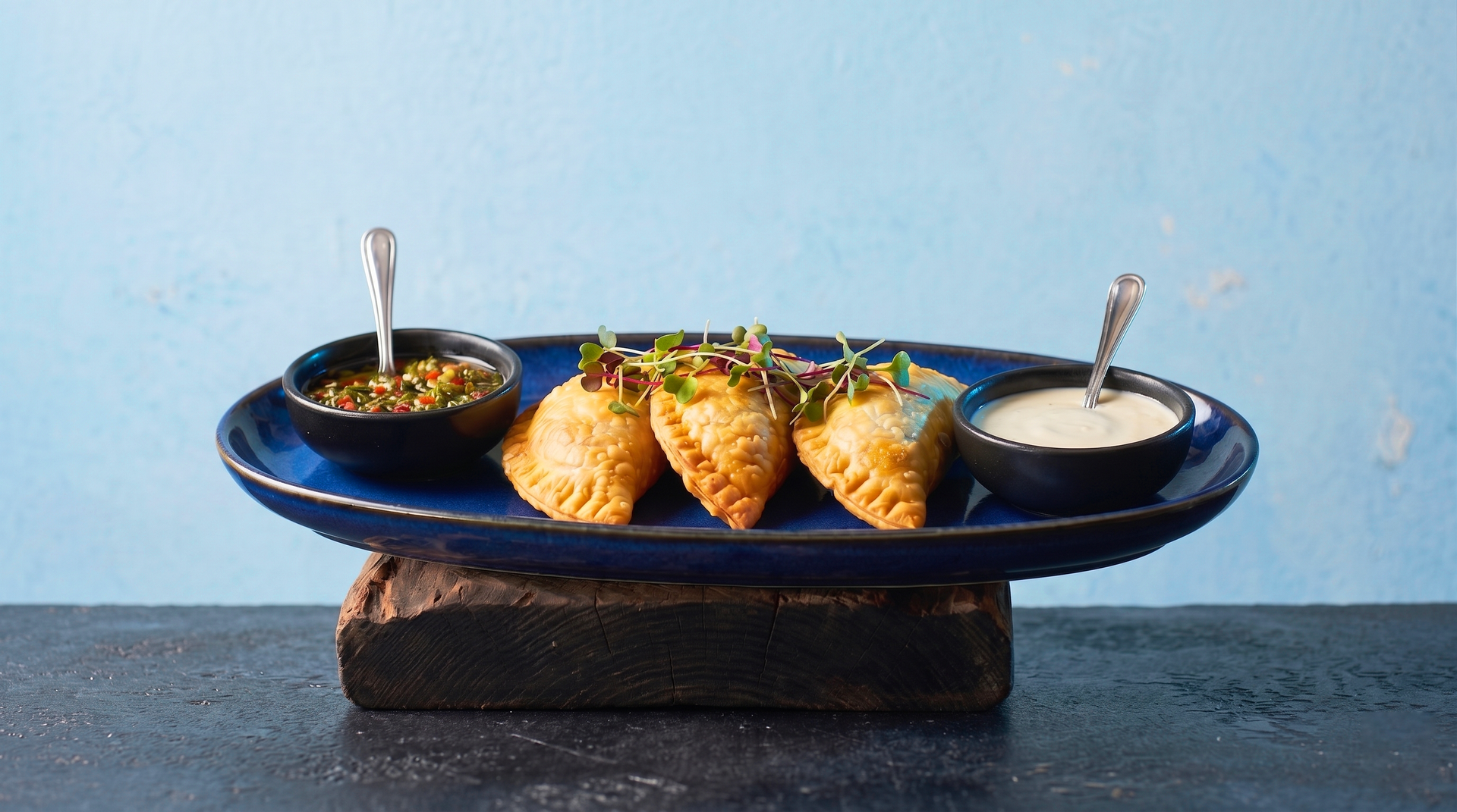 Four stuffed pastry cones on a blue platter with sauces, set on a rustic wood stand