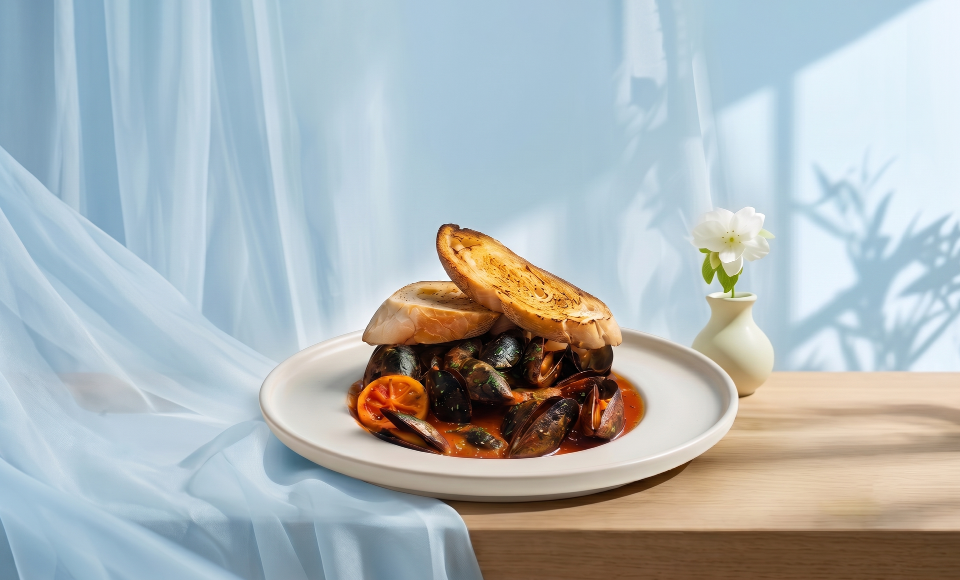 Plated gourmet meal with toasted bread on a white dish beside a small vase of orange flowers