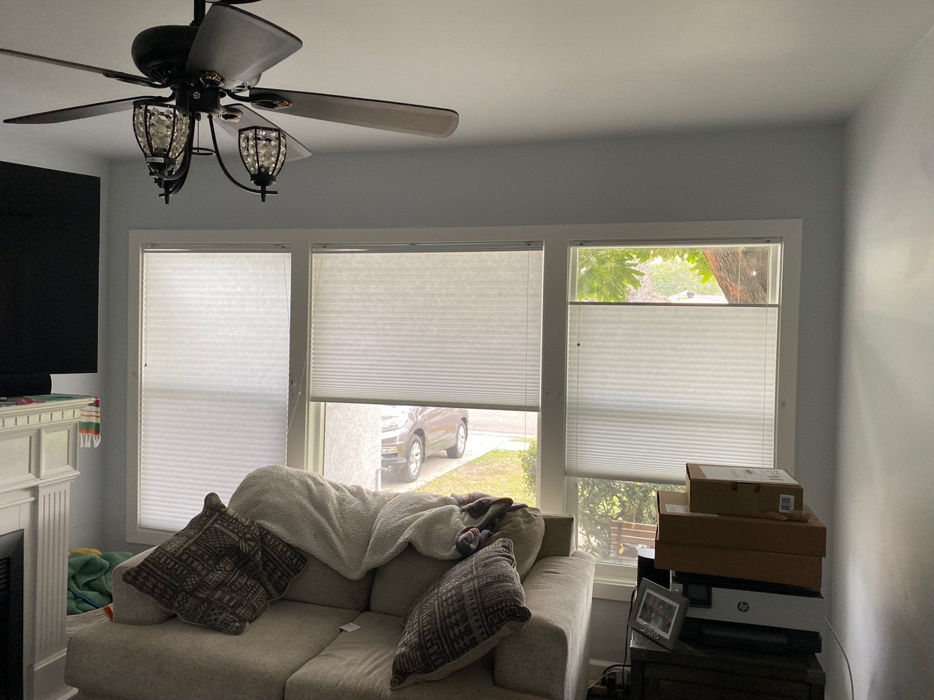 A living room with a couch and a ceiling fan.