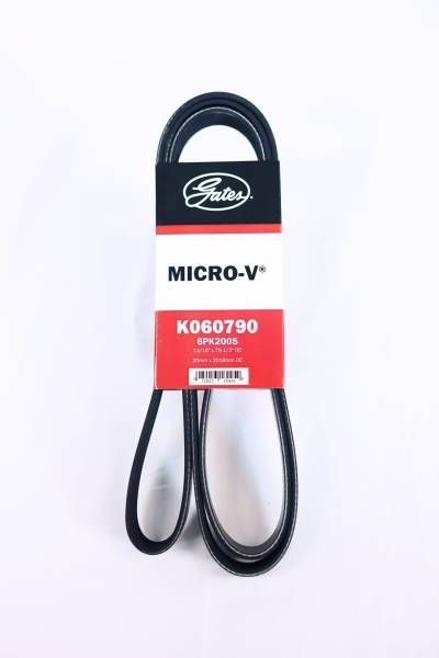 Gates Micro-V serpentine belt, black rubber, with product label on white background.