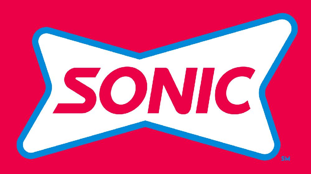 Sonic Drive-In logo with a red background, white bowtie shape, blue border, and