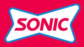 Sonic Drive-In logo with a red background, white bowtie shape, blue border, and