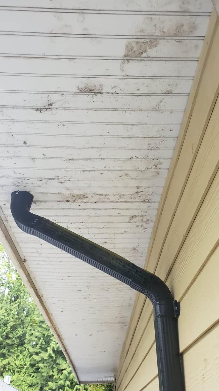 A close up of a gutter on the side of a house.