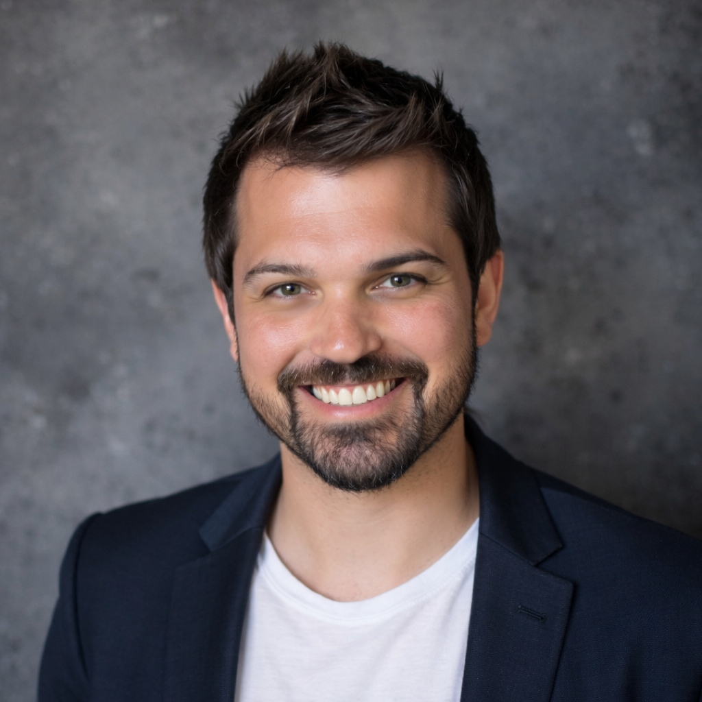 Man with dark hair and beard smiles, wearing a navy blazer and white t-shirt, against a gray background.