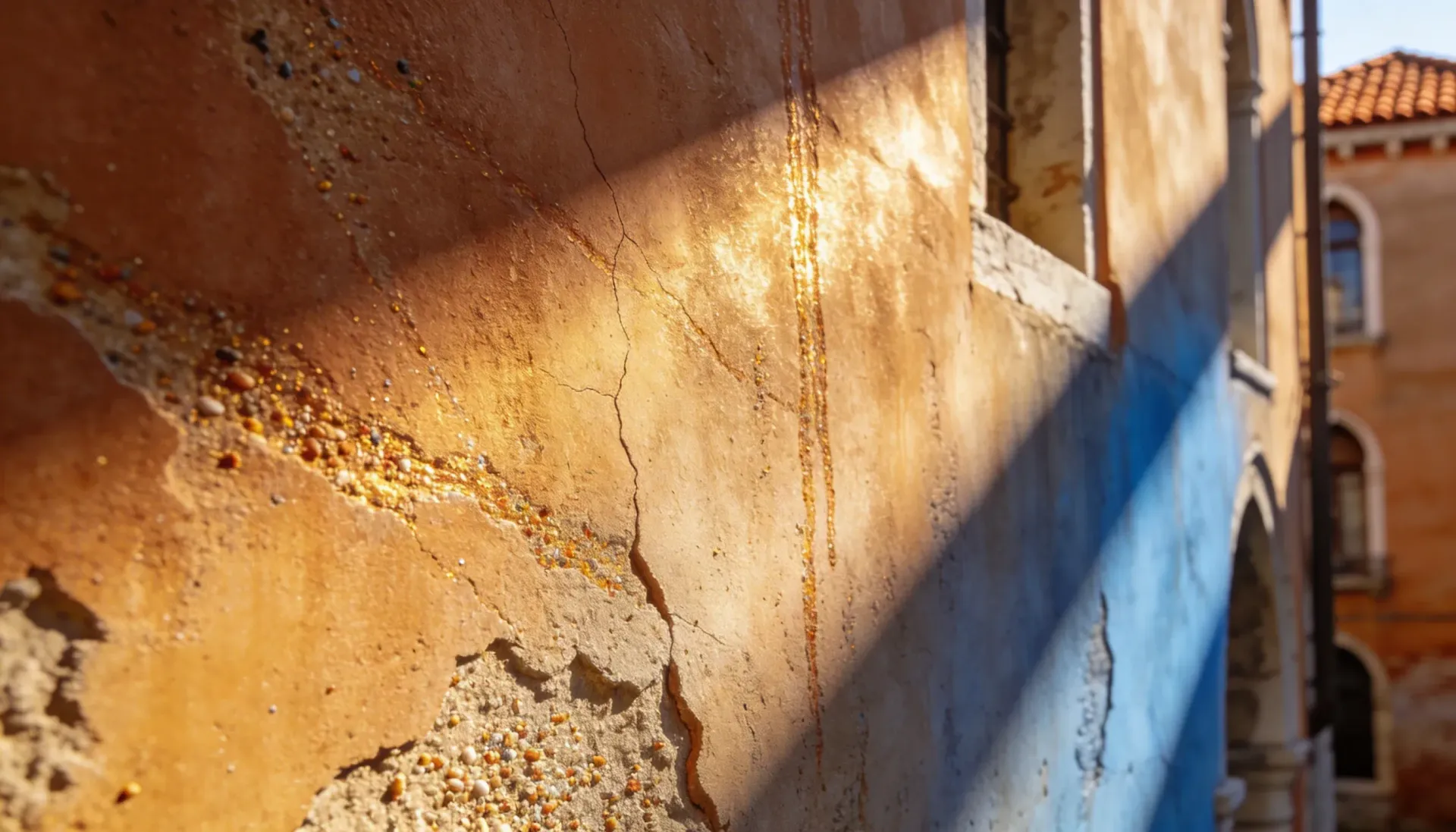 Weathered orange stucco wall with sunlight and shadow; blue archway and building in background.