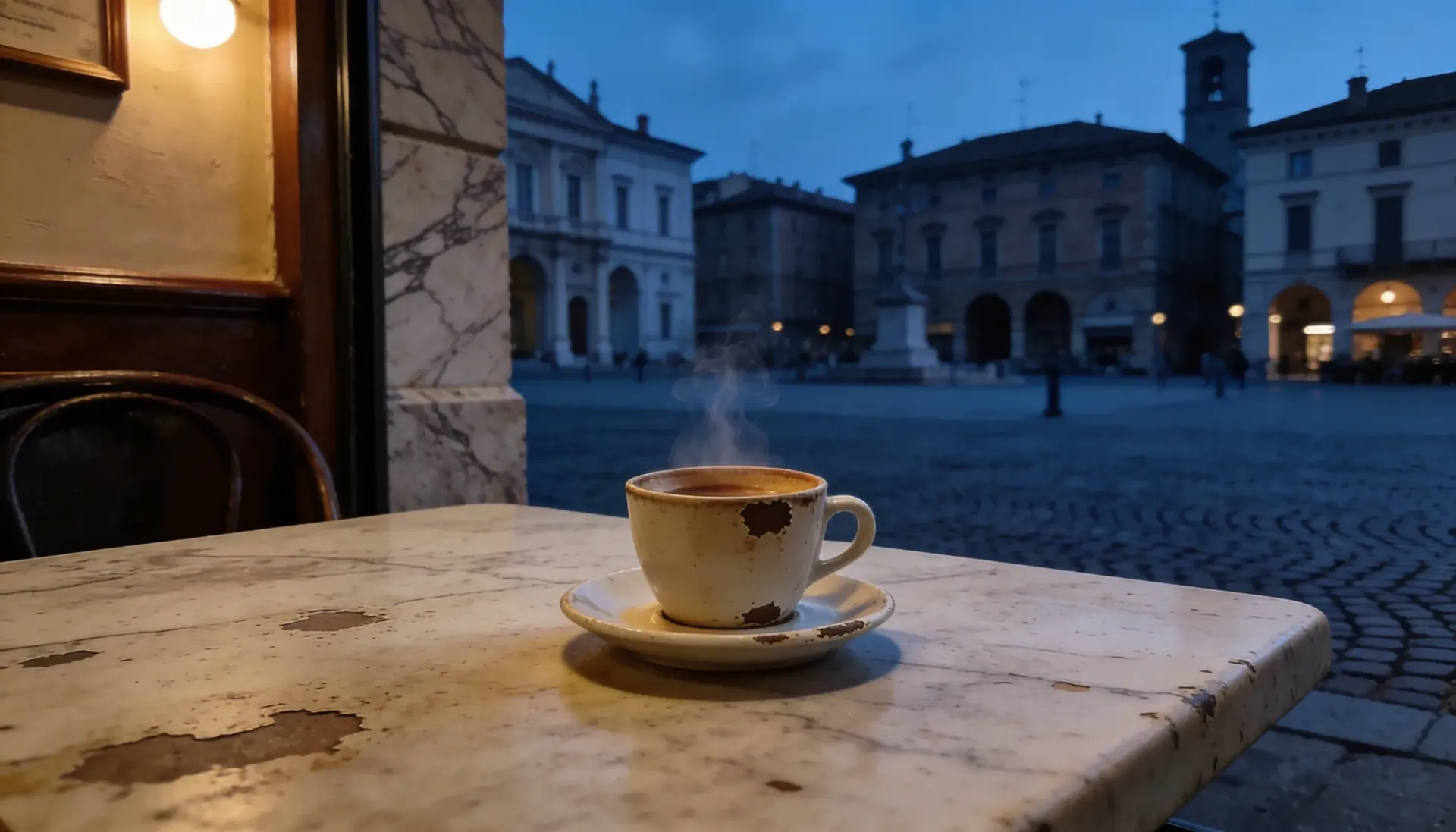 Steaming coffee cup on a marble table, overlooking a cobblestone square in an Italian city at dusk.