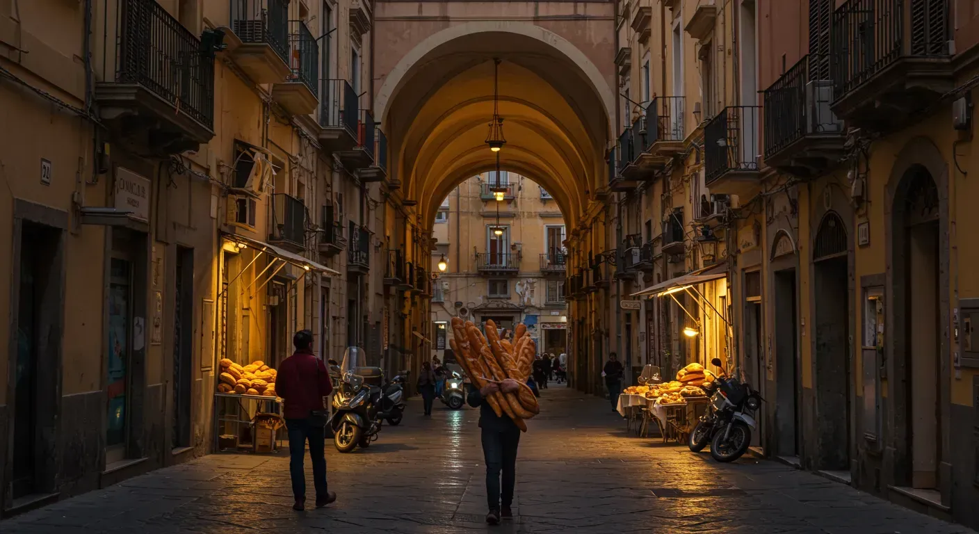 A man carries baguettes through an arched alleyway with shops under street lights.