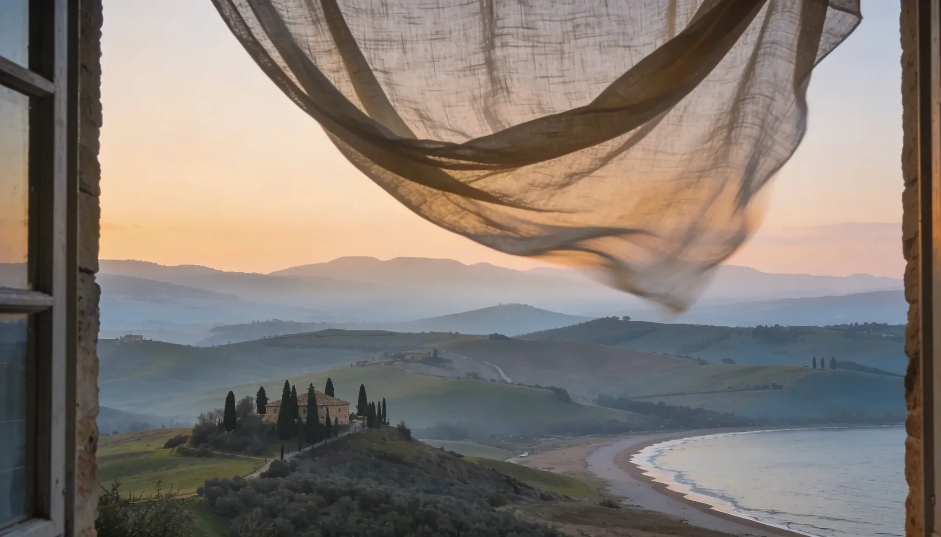 Window view of Tuscan hills and coastline at sunset; fabric blowing in the wind.