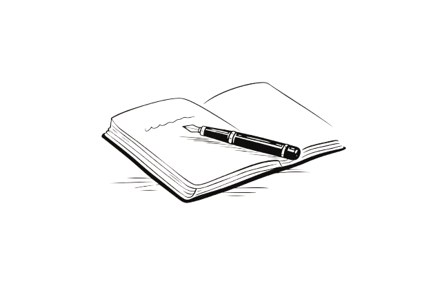 Notebook open with pen resting on a blank page.