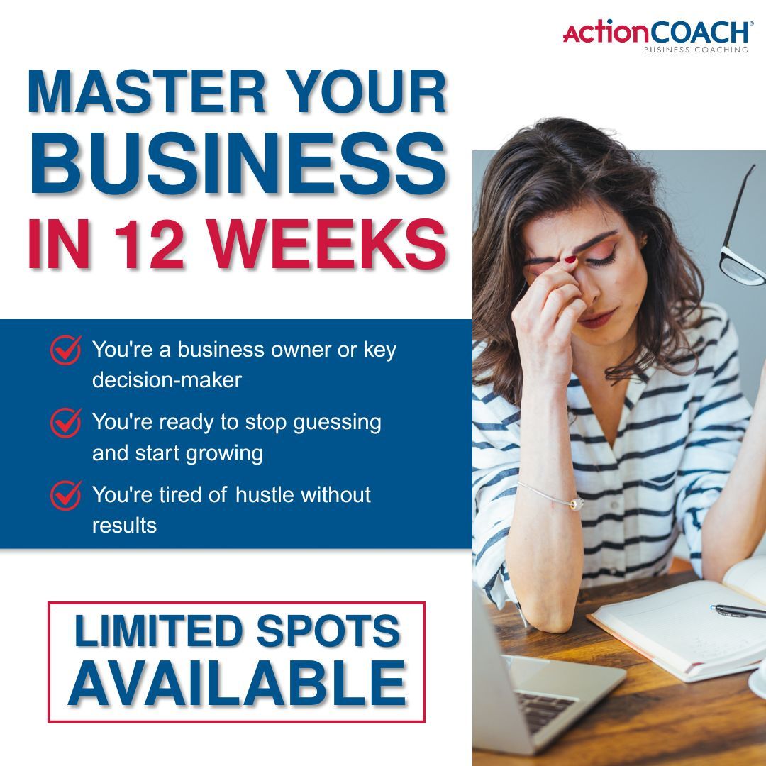 Blue ad for a 12-week business mastery class. A man is pointing, reduced from $2400 to $1200.